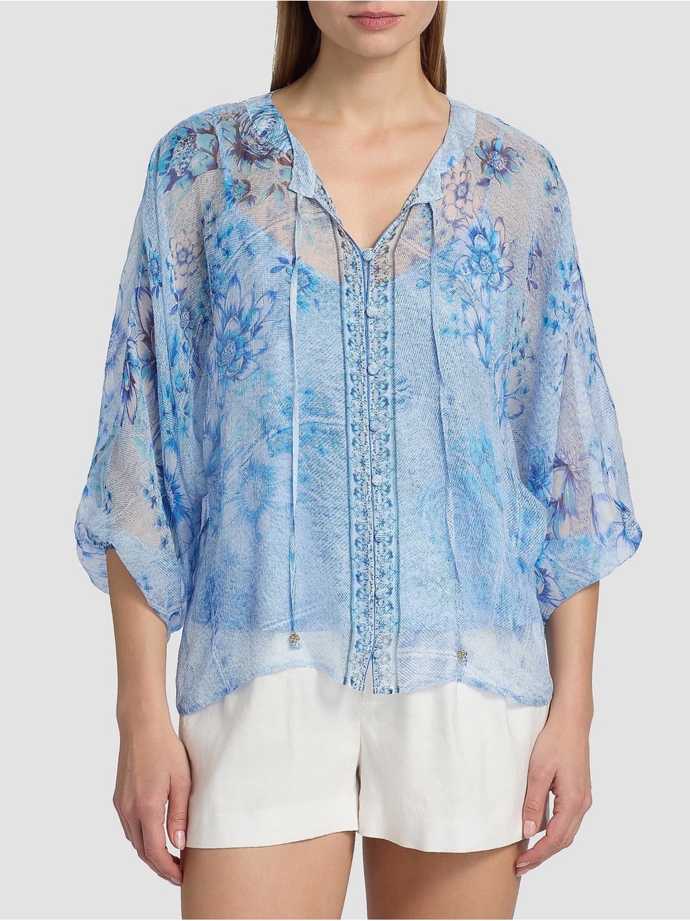 Johnny Was Jade Harlyn Floral Silk Blouse Blue Size XL • NWOT 🩵